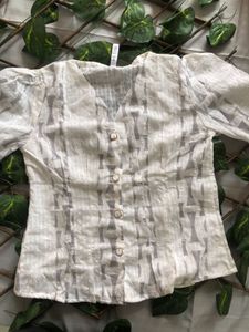 Sheer Puff Sleeve Button-Up Top