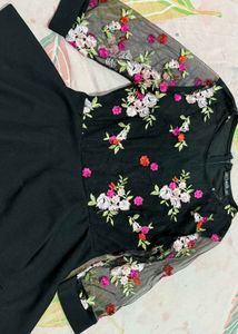 Black Embroidered Mesh Sleeve Top