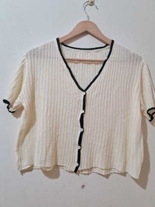 Cream & Black Ribbed Cardigan Top