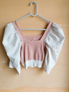 🤍Pink &amp; White Puff Sleeve Top🤍