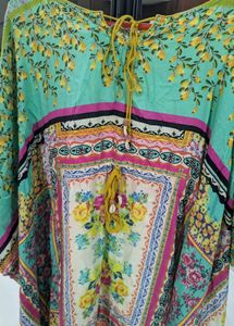 Women Sea Green And Pink Floral Printed Kaftan