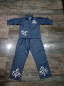 Denim Kurta Set with Leaf Print