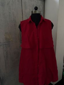 Chic Red Sleeveless Shirt Dress