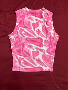 Pink Heart Print Sleeveless Sheer Top