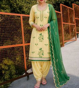 Yellow Kurta with Green Embroidery