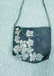 Denim Crossbody Bag with Floral Applique