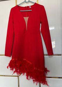 Red Feather Trim Party Dress