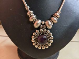 boho Silver Necklace with Purple Stone