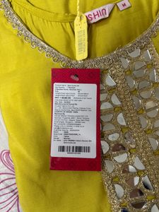 Yellow Kaftan Kurta Set with Mirror Work