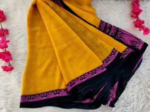 Yellow And Pink Printed Chiffon Fancy Saree
