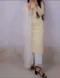 Embroidered Top &amp; Cotton Trousers- 3 Piece Outfit