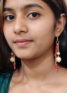 Handmade Elegant Pearl and Red Stone Drop Earrings