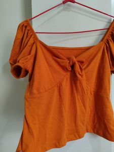 Orange Puff Sleeve Tie-Front Top