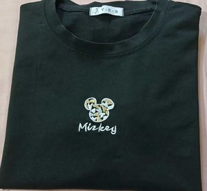 Cute Mickey Mouse Embroidered Black T-Shirt