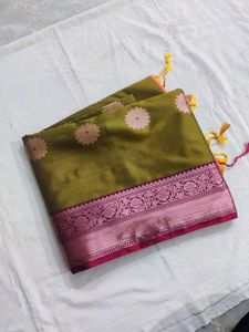 Elegant Olive Green softy Silk allover boota Saree