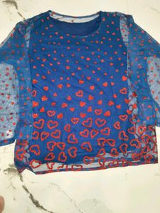Chic Blue Heart Print Mesh Top