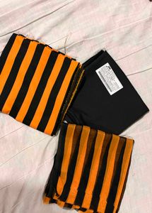 Stylish Black &amp; Orange Striped Dress Material
