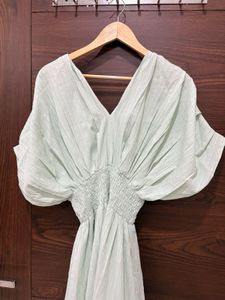 Light Green V-Neck Smocked Waist Dress