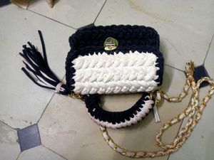 Chic Hand-Knitted Sling Bag black and white