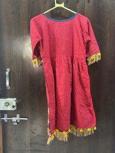 Embroidered Tomato Red Kurta Set with Blue Pants