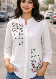 White Embroidered Button-Down Shirt