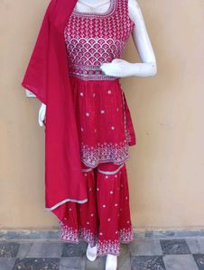 Red Embroidered Kurta Sharara Set