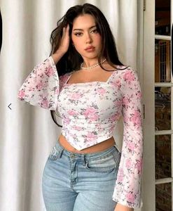 Floral Bell Sleeve Mesh Crop Top