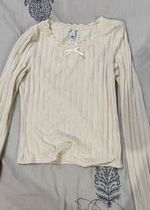 y2k Cream Ribbed Long Sleeve Top