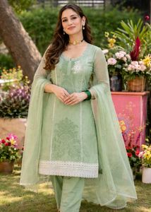 Elegant Light Green Cotton Embroidered Suit Set