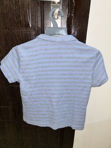 Light Blue Striped Cropped Polo Top