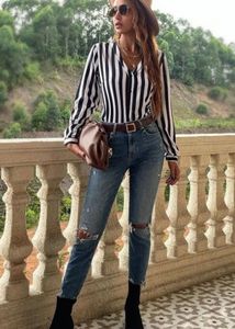 Chic Black &amp; White Striped Button-Up Top