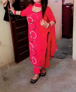 Vibrant Red Kurta Set with Circle Embellishments