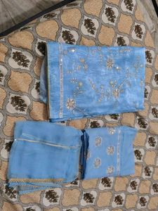 Blue Embroidered Kurta bottom work Set