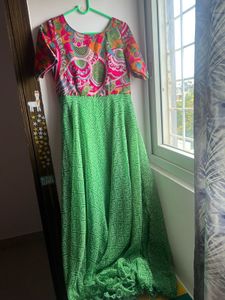 Vibrant Green with pink Printed Maxi Dress