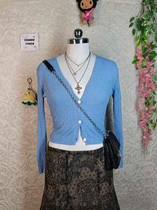 Y2K Cute Blue Ribbed Button-Up Cardigan