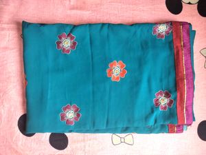 Firozi Saree With Matching Blouse