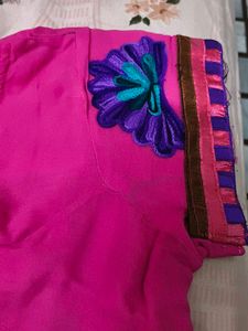wool work Pink Embroidered Saree