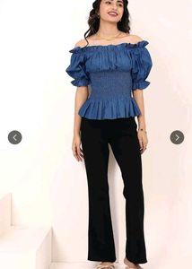 Smocked Off-Shoulder Denim Top