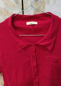 Red Button-Up Casual T-Shirt