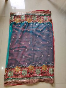 Heavy Designer Tomato Red &amp; Blue Saree With Blouse