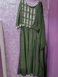 Beautiful Green Gown With Attached Falling Dupatta