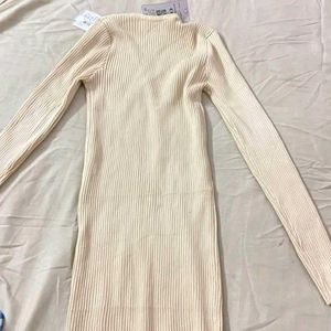 Cream Ribbed V-Neck Sweater Dress
