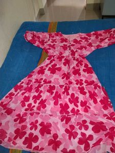 Pink Floral Tiered Midi Dress