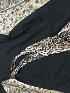 Classic Black Midi Dress with Leopard Scarf