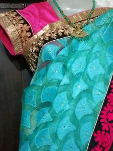 GentlyUsed BeautifulCyanEmbroidered Saree+Blouse