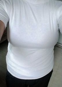 White Ribbed Knit T-Shirt