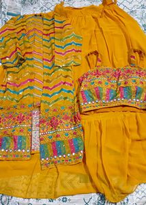 Mustard Embroiderd 3pc set Skirt, Crop top & Shrug