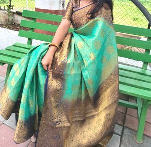 Elegant Teal &amp; Gold Silk Saree