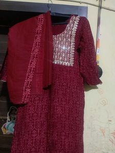 Maroon Embroidered Kurta Set with Dupatta