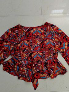Boho Red Print Bell Sleeve Crop Top